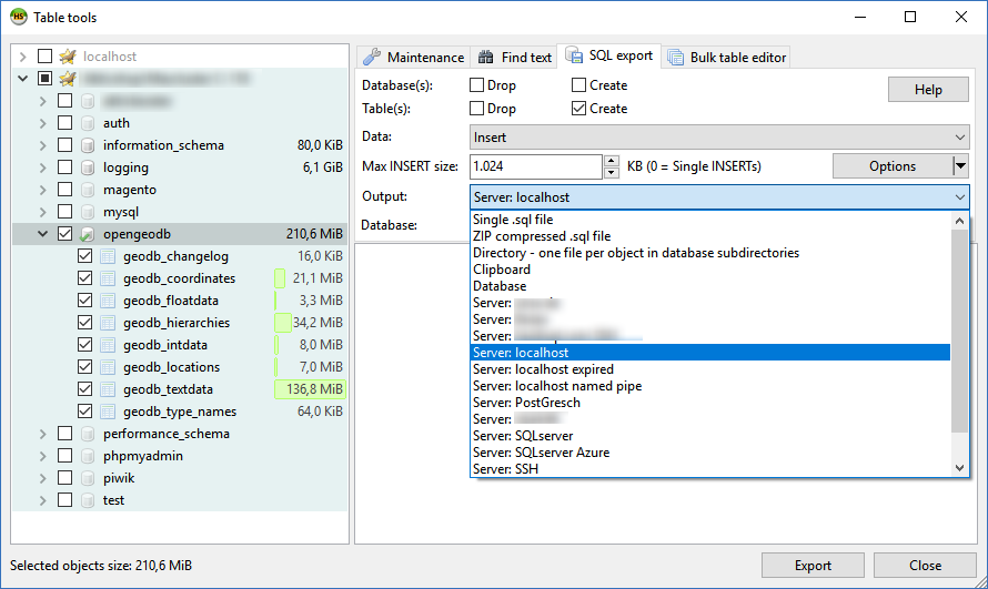 HeidiSQL screenshot: Dump selected databases and data into a single dump file, one file per table, directly to another host, to clipboard or to another database on the same server. Nearly as fast as mysqldump!