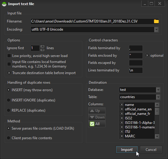 HeidiSQL screenshot: Import CSV or delimited files produced by spread sheet applications directly into a MariaDB/MySQL table. Users which are not allowed to execute LOAD DATA can activate a client-side parser.