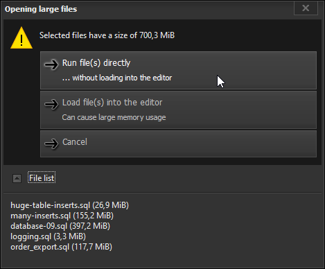 HeidiSQL screenshot: When SQL files are bigger, HeidiSQL asks you to run these without loading them as a whole into the query editor