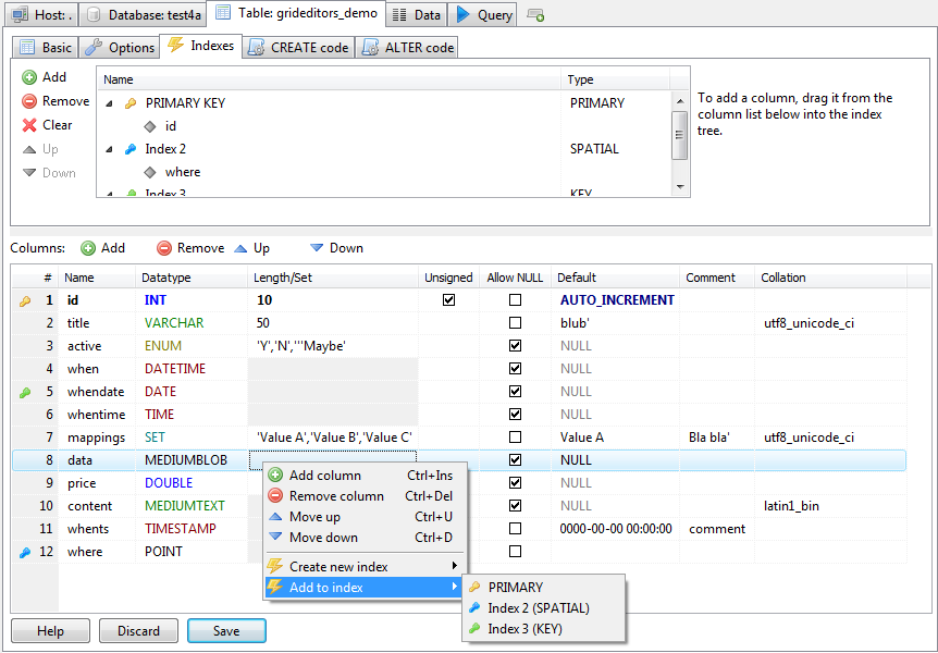 HeidiSQL screenshot: Visually create and edit tables, without hiding the CREATE/ALTER TABLE query.