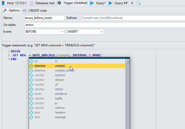 HeidiSQL screenshot: Create and modify TRIGGERs on newer MariaDB/MySQL servers.